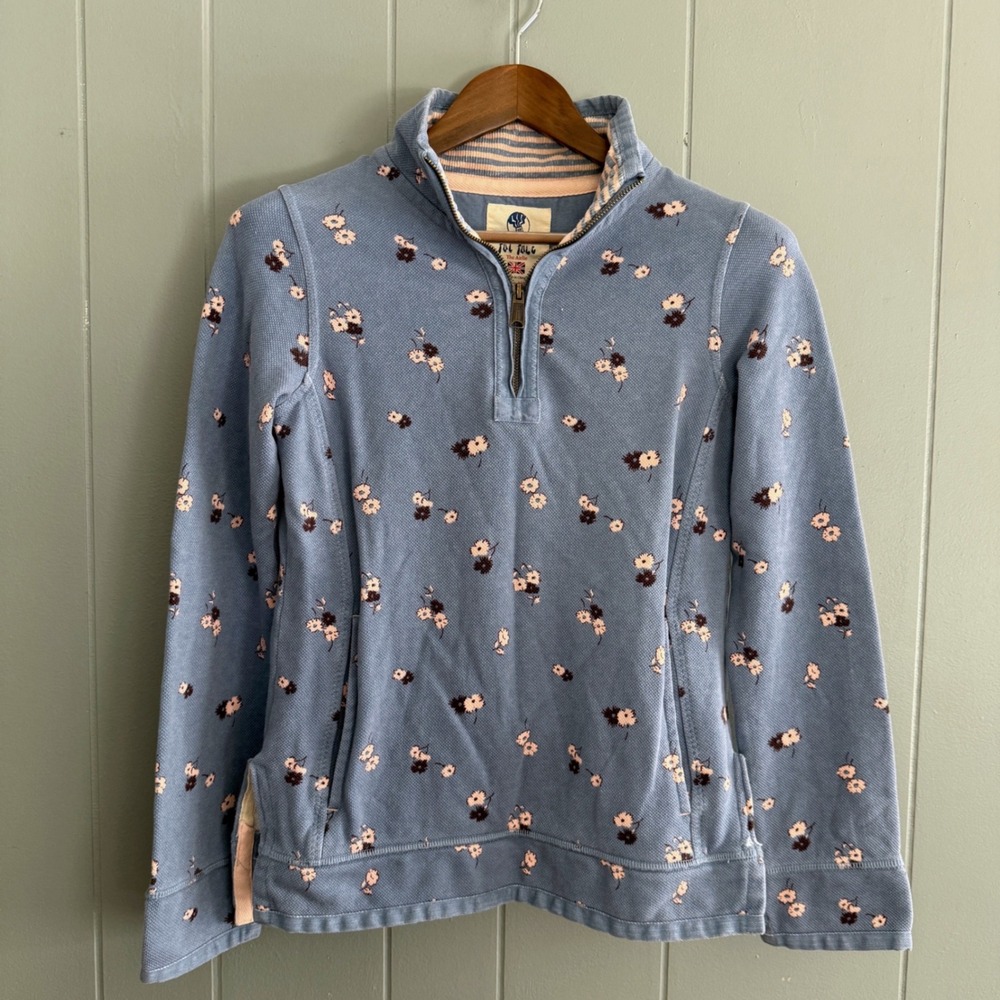 Fat Face Airlie Quarter Zip Womens 2 Cornflower Blue Floral Cottagecore Pullover